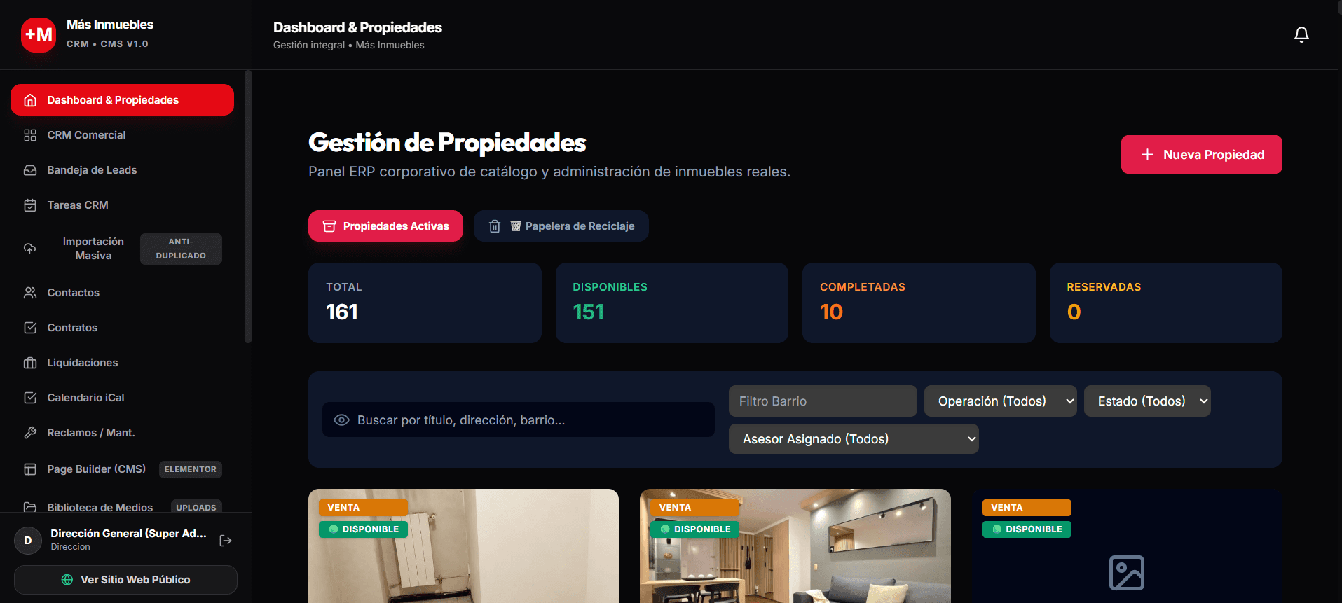 Panel de administración CRM inmobiliario