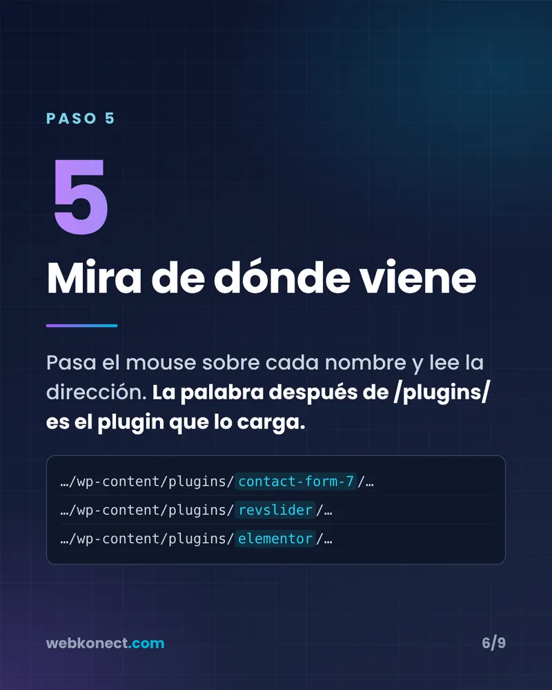 Ejemplo de direcciones de archivos de plugins en el inspector de Chrome