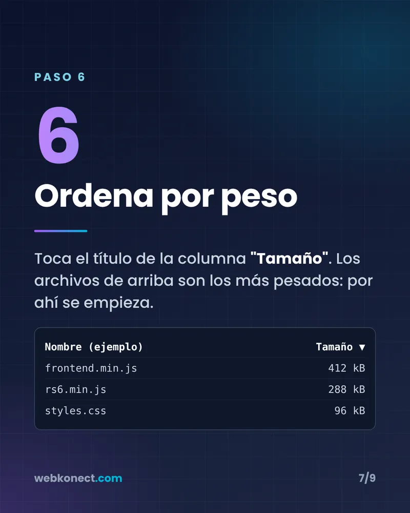Archivos ordenados por tamaño en la pestaña Red de Chrome